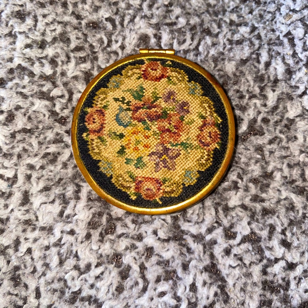 Antique French Gilt Brass Compact with Silk Petit-Point Needlework, c. 1870–1900